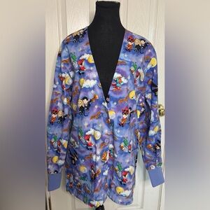 Peaches Uniforms Halloween Scrub Jacket Small Blue Bats Witch Cat Button Front